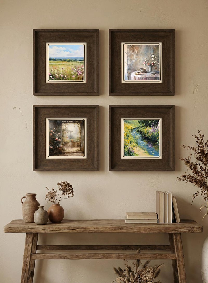 LOWHA Set of 4 Canvas Wall Art Stretched Over Wooden Frame with Vintage Brown Floating Frame and Pastoral Calm Design - Image 1